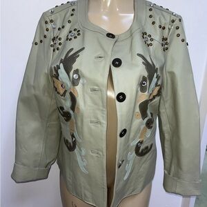 Pamela McCoy Genuine leather patchwork rhinestones jacket size M Chic stylish